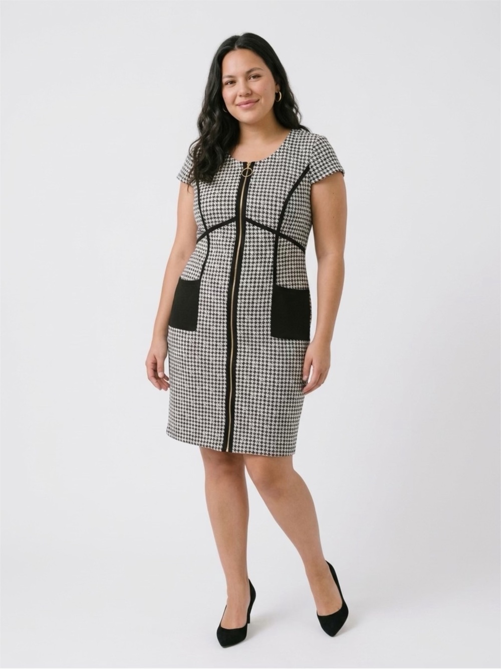 Dkny Black & White Houndstooth Zip-Front Mini Dress